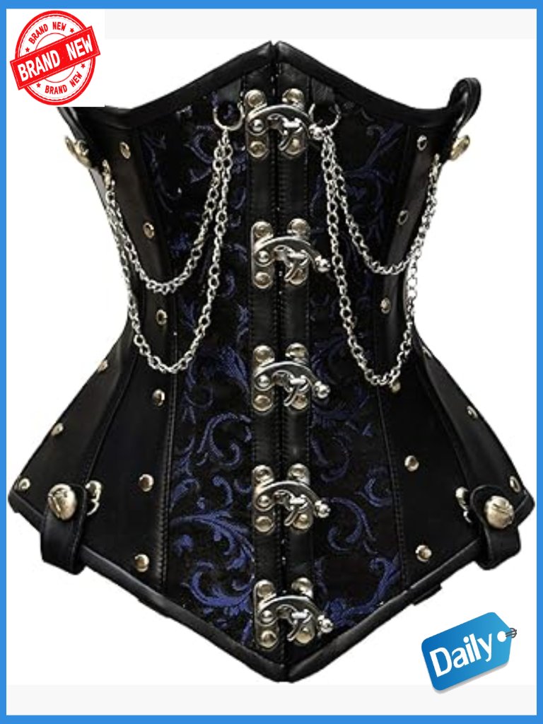 Double Steel Boned Waist Training Corset - Brocade & Faux Leather - Hourglass